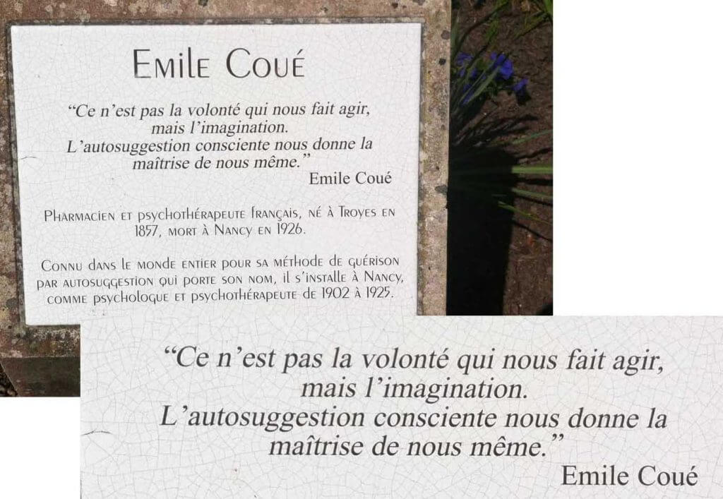 Plaque hommage à Emile Coué, dans le parc Sainte-Marie de Nancy.